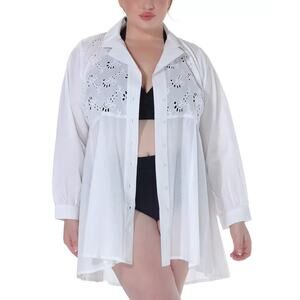 Raviya Plus Size Cotton Eyelet Button-Front Cover-Up Dress White Size 2XL 1080